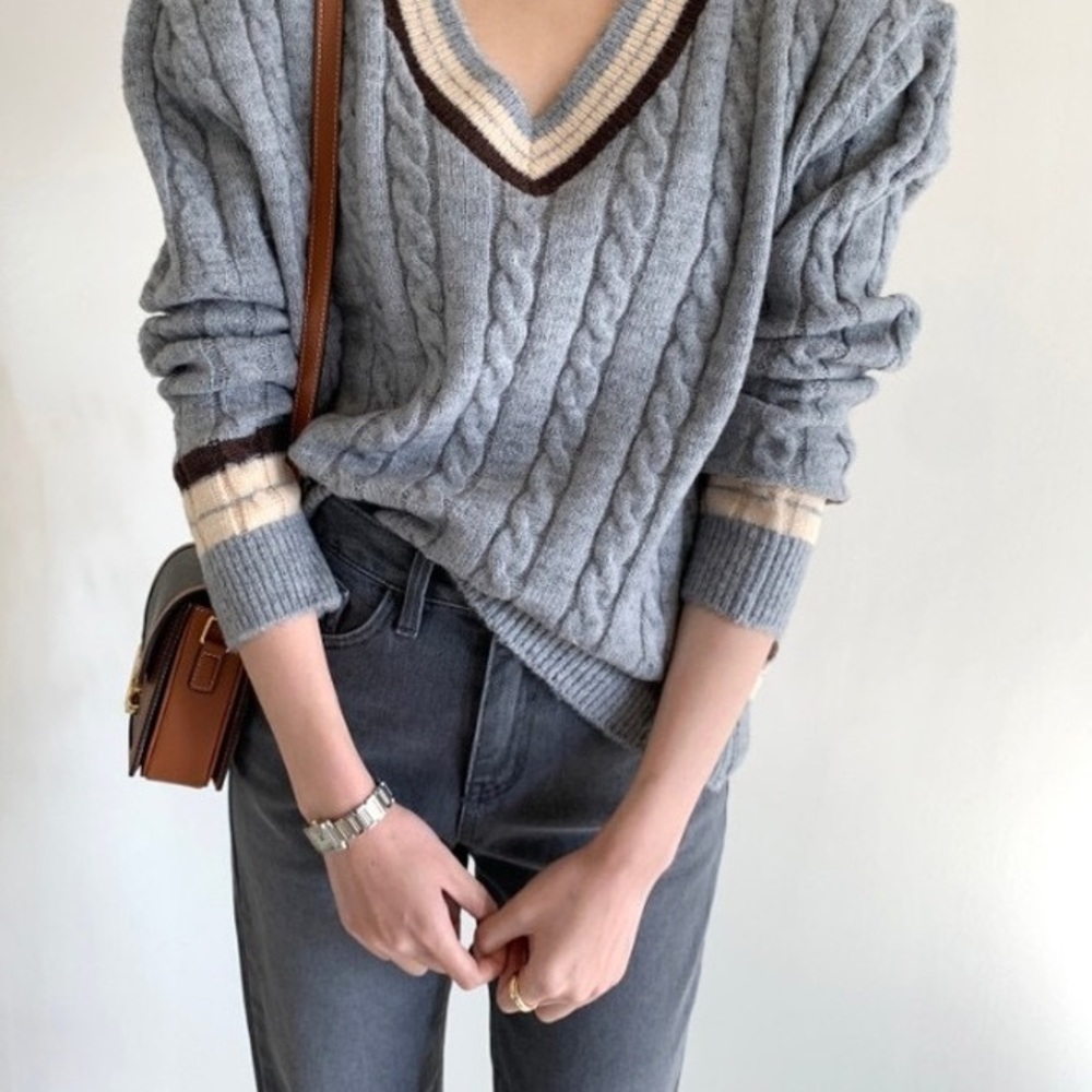 Cable knit sweater Heather blue stripe womens long sleeve V-neck - Picture 1 of 4